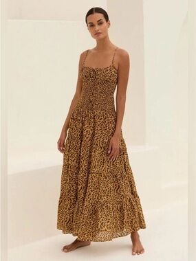 Anthropologie The Josephine Smocked Drop-Waist Maxi Dress Cheetah Size S